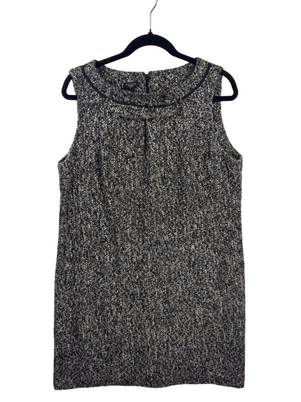 Talbots Sz 14W Tweed Fringe Sheath Dress Gray Black White Sleeveless Old Money